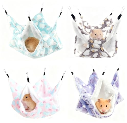 XHYASD 4 Stück Kleintier Hängematten Set, Doppelschicht Plüsch Hängematten für Meerschweinchen, Hamster, Ratten, Weiche Schlafplätze mit Metallhaken, Maschinenwaschbar