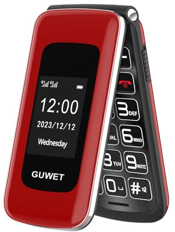 Guwet 2G: Ne Prend Pas en Charge Free Mobile, Téléphone Portable Senior Clapet, Bouton SOS, Batterie 1600 mAh, 2.4+1.77 Double Écran, Double Carte SIM, Couleur Rouge.