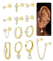 MILACOLATO 13Pièces Piercing Helix Cartilage Boucles D'oreilles Pour Femmes | Plaqué Or 14K Argent Acier Inoxydable Chirurgical Petits Boucles D'oreilles Piercing Oreille Ensemble Bijoux Femmes