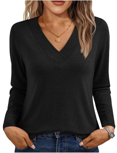 T-Shirt à Manches Longues pour Femme Col V Haut Elégant Décontracté Tshirt Style Tunique Couleur Unie Chemisiers Confortables Le Printemps Automne Hauts Thermique Manches Long Stylisme Tee Shirt