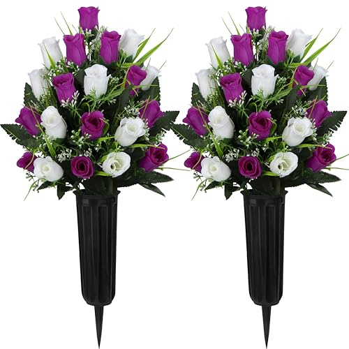 Velibobo Set di 2 fiori artificiali per cimitero, decorazioni per tombe, bouquet di fiori commemorativi con vaso, per cimitero, cimitero, lapidi (viola, rosso, bianco)