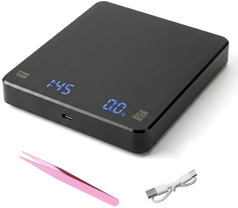 Báscula café negra 0,1 g con temporizador USB C hasta 3000 g y pinza | Báscula barista compacta con tara pantalla LCD calibración y carga USB C para espresso pour over y pequeñas cantidades