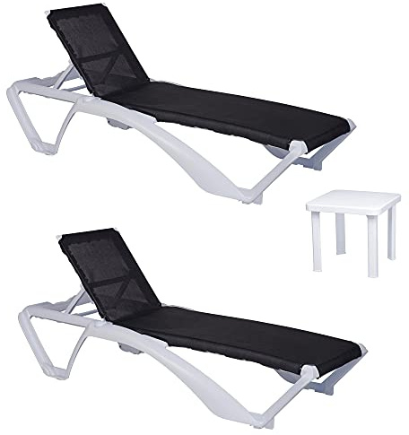 Resol GARBAR ACQUA-Andorra Set 2+1 Tumbona-Mesa Auxiliar Exterior | jardín, terraza, balcón, Playa, Piscina | apilable, reclinable, Ruedas, Posavasos | Estructura Blanca - Textilene Negro