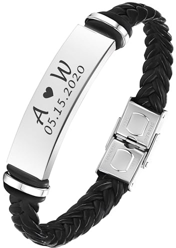 EDSG Personalised Mens Bracelet | Leather Engraved Bracelet Gift for Boyfriend Husband Dad Bestman | Gift for Christmas, Birthday, Wedding, Anniversary, Father's Day | Customised Name (Heart)