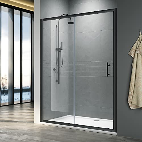 ELEGANT 1400 x 800mm Black Sliding Shower Enclosure with Tray + 90mm Waste in 6mm Safety Glass Screen Shower Door for Bathroom Wet Room