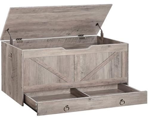 HOOBRO Storage Chest, 39.3 Toy Chest with Drawer, Wooden Storage Bench, Sturdy Entryway Bench Supports 220 lb, Safety Hinge, U-Shaped Opening, Easy Assembly, Greige BG710CW01G1