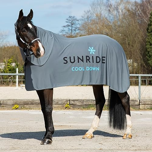 SUNRIDE Couverture rafraîchissante pour Chevaux (Cool Down) (Ensemble 3 pièces) – avec Couvre-Cou et Tissu – Effet rafraîchissant immédiat par Refroidissement par évaporation – Durable – Gris (115cm)