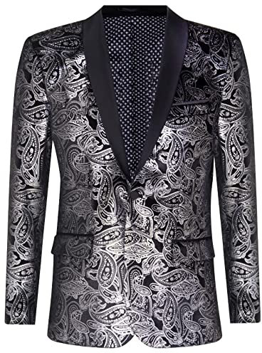 TruClothing Chaqueta de Cena de Esmoquin de Terciopelo Negro Paisley Plateada Clásica para Hombre Blazer a Medida