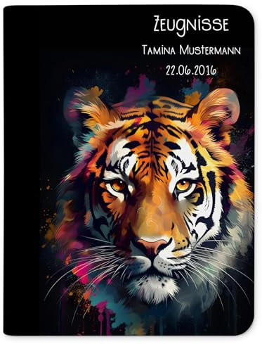 CreaDesign Customize A4 Zeugnismappe für Kinder - 26.7 x 32.7 x 1 cm, erweiterbar auf bis zu 20 Fächer, Sichtbuch ohne Klarsichthüllen, Tiger dark Design, Dokumentenmappe für Schüler