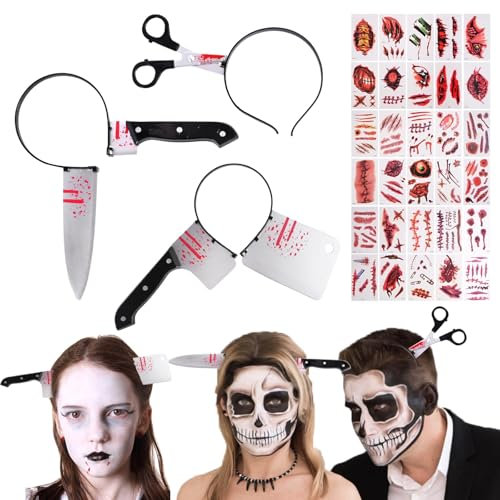 Fosoloni Scary Headband Halloween Set of 3, Machete Headband Halloween Scissors Sheath, Halloween Pranks Scary Headband for Adults Women Scary Headband Halloween