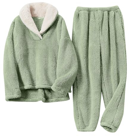BOSECETA Fluffy Pajamas Set for Women Soft Comfy Fleece Pullover Pants Loose Plush Sleepwear Loungewear Sleepwear for Winter (Small,green)