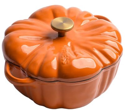 BURLOE Discus De Cuisson À La Citrouille, Casserole en Fonte Émaillée De La Forme De La Citrouille Plus Créative dans Le Couvercle De La Casserole en Revêtement Non Enrobée,1.85l