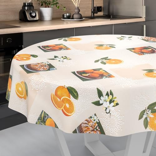 ANRO Nappe en toile cirée lavable, pour table de jardin, extérieur et intérieur, ronde, 120 cm, bord coupé, oranges