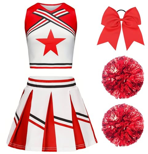 XFOZDM Deguisement Pompom Girl Fille, Deguisement Cheerleader Fille, Uniforme de Pompom Girl Fille avec Pompoms et Chaussettes Robe de Pompom Costume pour Enfant Halloween Carnaval Mascarade