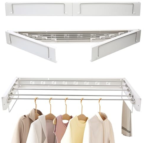 Gemsaya Étendoir à linge mural 100 cm, en acier inoxydable pliable avec 2 poignées, économiseur d'espace pour intérieur et extérieur, séchoir à linge rétractable blanc