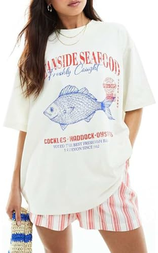 Women Cute Graphic Oversized Tees Fish Lobster Sea Floral Fruit Printed Y2K Baggy T Shirts Teen Girls Preppy Coastal Clothes Vintage Aesthetic Free People Dup ES Clothes Blue Fish