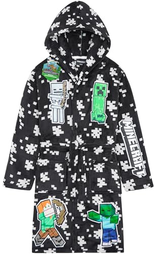 Get Trend Minecraft Dressing Gown Boys & Teens, Fleece Hooded Bathrobe, Creeper Loungewear Nightwear, Gamer Gifts for Boys (7-8 Years, Black Minecraft)