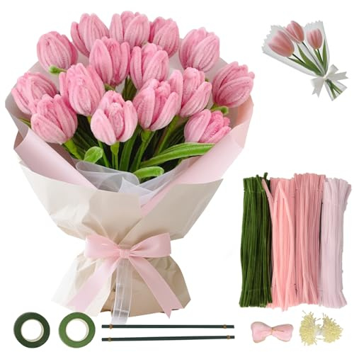 Cozary 400pcs Limpiapipas para Manualidades (4 Colores),Limpiapipas para Ramos DIY, con 20pcs Tallos, 2pcs Cinta Adhesiva, 1pcs Cinta y 160pcs Estambres,para Regalos Artesanales y Decoración