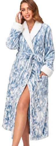 RONGTAI Accappatoio lungo in pile felpato da donna con due tasche laterali e cintura, caldo e accogliente soffice camicia da notte, Pile Blu, XL