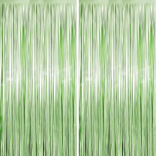 fairymaiden 2 Tende Metalliche Verde - Orpelli e Festoni Lamina Frangia Tinsel Verde per Laurea Halloween Natale Compleanno Dinosauri Giungla Festa Festival Decorazioni 1x2m