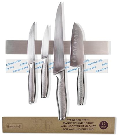 Hamletoff Premium Magnetic Knife Strip for Wall no Drilling – 12 Inch Stainless Steel Magnetic Knife Holder with Neodymium Magnet Strong Adhesive Tape - Lightweight Kitchen Magnet Knife Bar