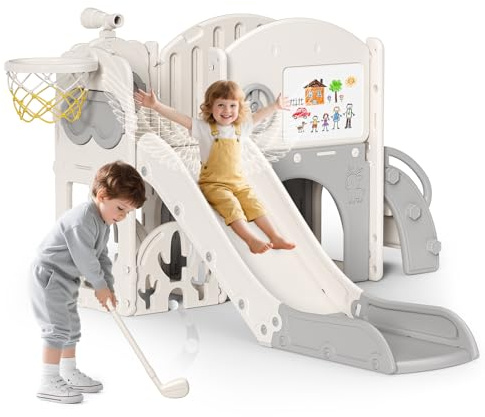 Tobogán infantil 10 en 1 con diseño de alce navideño, con juego de golf, tobogán para bebé, parque infantil, para interiores y exteriores, independiente