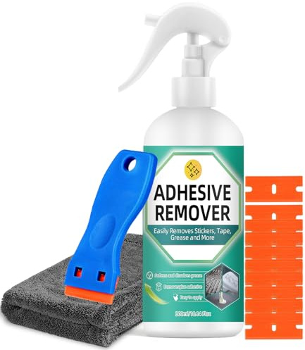Halldeli 300 ml limborttagningsspray, kraftfull borttagning av lim och lös silikon med skrapa och duk, självhäftande borttagning av silikon med etiketter, tejp, glasklistermärken, plast, bilar, mattor