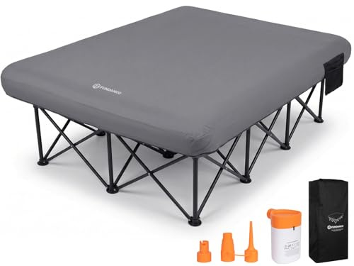FUNDANGO Lit de camping double avec pompe électrique, matelas gonflable avec housse amovible et lavable, cadre pliable, porte-gobelet, sac de transport pour adultes, tente, invités (200 cm x 150 cm)