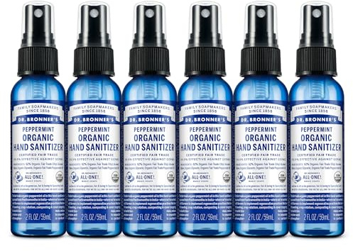 Dr. Bronner's Organic Hand Sanitizer Spray Variety Pack Travel Size Bulk, Simple & Effective Formula, Scented, No Harsh Chemicals - Peppermint, 2oz (6-Pack)