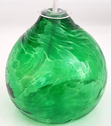 Oberstdorfer Glashütte Lámpara de aceite verde redonda de petróleo pequeña lámpara de mesa lámpara de cristal soplado a boca, diámetro aprox. 9 cm