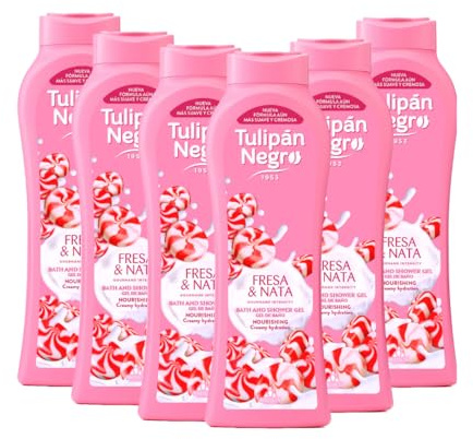 Tulipán Negro - Gel de Baño Fresa y Nata, Nutritivo e Hidratante, Gel de Ducha con Aroma Dulce Irresistible, 650 ml (Pack 6 unidades)