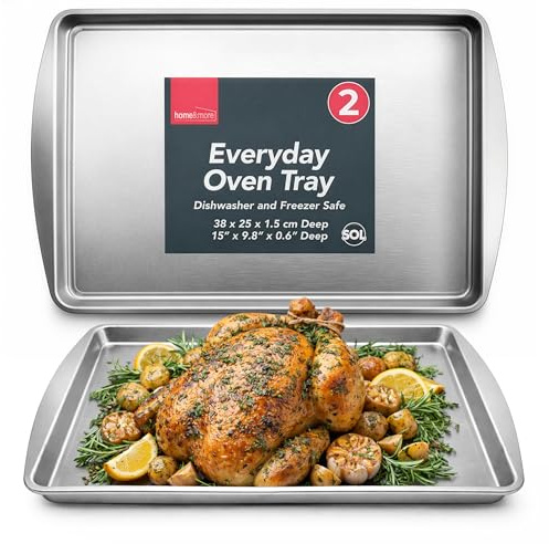 SOL 2pk Baking Trays for Oven 38x25cm Non Stick Sheet Pan Set for Roasting Grilling Food Preparation Durable Heat Resistant Metal Cookware Easy Clean Even Heating Home Kitchen Cooking Use