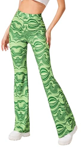 Rave Flare byxor för kvinnor – EDC 70-tals breda ben Flair Leggings Disco Festival kläder hög midja Bell Bottom Byxor, gRÖN, XS