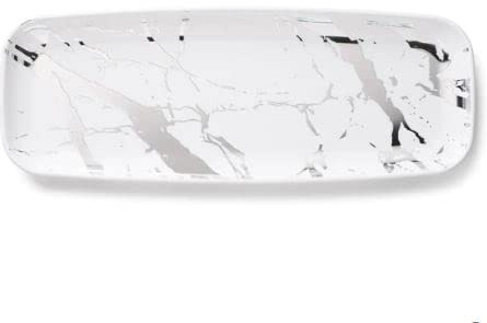 Decorline - Serveringsfat – set med 4 – oval marmor dekutallrik av stabil återanvändbar plast, förvaringsskål serveringsbrickor och festplattor buffé – oval 16 x 45 cm – vit/silver