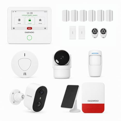 Daewoo Security Pack Alarme Maison AM312 – Centrale Touch Wi-Fi & GSM, Caméra Batterie W503 & Intérieure IP506P, Sirène Solaire, Détecteur Fumée, Anti-Animaux, Sans Abonnement, App Daewoo Home Connect
