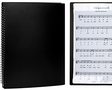 Musiin Notenmappen, 4 Seiten, erweiterbar, Spiralbindung, A4-Größe, 15 Hüllen, 60 Taschen, Notenordner, Organizer (schwarz)