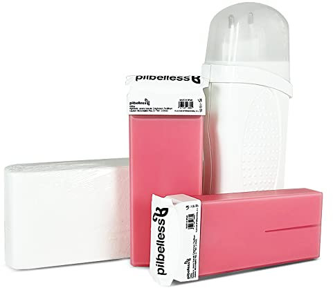 MUNTRADE Haarentfernungsset zum Aufwärmen + 2 Roll-On Wachspatronen (Rosa) + 100 Haarentfernungsstreifen, 1 Stück