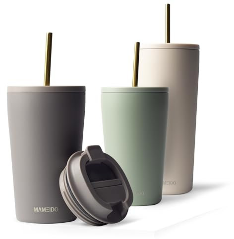 MAMEIDO Thermobecher mit Strohhalm 700 ml, Trinkbecher mit Deckel und Strohhalm aus Edelstahl doppelwandig isoliert, auslaufsicher, Coffee to go Becher (Taupe Grey)