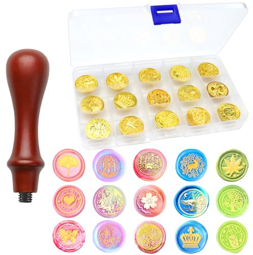 RUIJIE Siegelstempel, 15 Stück Wachssiegel Stempels, Wachs Stempel Set, Wachsstempel Köpfe mit Abnehmbarem Holzgriff & Aufbewahrungskiste, Wachs Siegel Stempel Kit für DIY Karten Umschläge Hochzeit