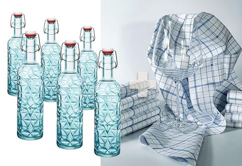 LGC Bundle | 6 bottiglie Bormioli Rocco Oriente in blu, con chiusura a leva, 1 litro + 1 panno asciutto in microfilamento