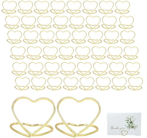 Doafoce 50 Stück Tischkartenhalter, Fotohalter Herz, Menükartenhalter, Kartenhalter Hochzeit, Tischkartenständer aus Metall Kleine Größe Tischkartenhalter, für Hochzeit, Party, Büro (Gold)