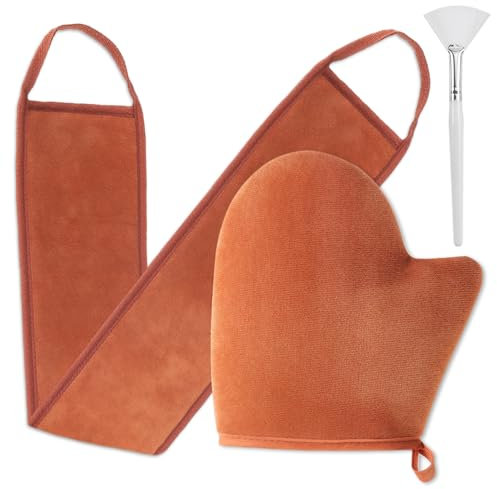 3 Stück Selbstbräuner Handschuh,Bräunungshandschuh Brauner Selbstbräuner Rücken Applikator Geeignet für die Anwendung,Hautpflege(Inkl Handschuhe,Schrubbertuch,Auftragebürste)