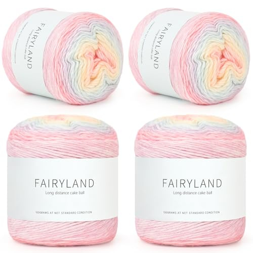 Reessy Ombre Yarn for Crochet, 4 × 100g Rainbow Wool Cake Yarn Set, 60% Cotton 30% Acrylic 10% Wool - Multi Coloured Yarns for Scarves, Shawls, Blankets, Crafting and Clothing