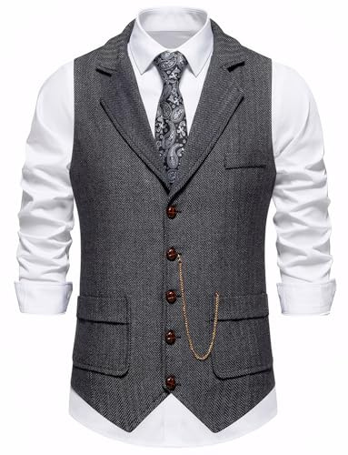 AIEOE Herrväst Gilet Tweed Vintage Formell Business Kostym Väst S-XXL, Grå, L