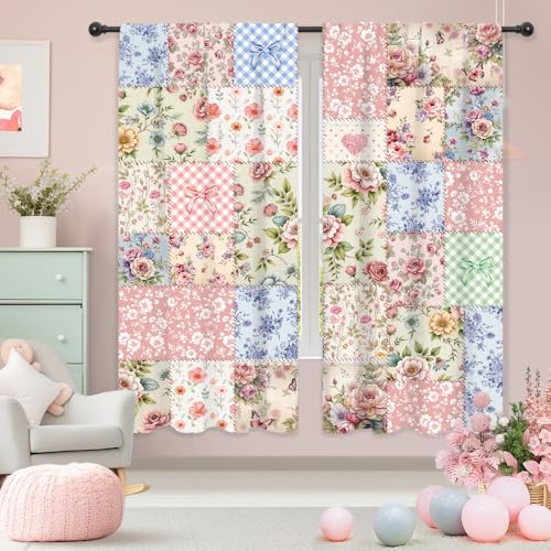 Riyidecor Boho Pink Floral Curtains Shabby Chic Patchwork Vintage Flowers Cute Bohemian Plants Retro Farmhouse Rod Pocket for Women Female Bedroom Living Room Treatment Fabric 2 Panels 42Wx63H Inch