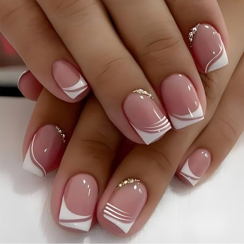 JYNXOR 24 Pièces Ongles Autocollants Courts Carrés, Ongles Artificiels avec Bord Blanc Français, Ongles Ballerina Nude pour Coller, Faux Ongles Acryliques, Décoration d'Ongles pour Femmes et Filles