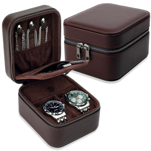 REVEMCN Travel Watch Box for Men, 2-Slot Watch Case with Ring Rolls & Accessories Compartments, PU Leather Portable Men's Jewellery Box Organiser, Fits up to 50mm, Gift for Him (Small - 2 Slot)