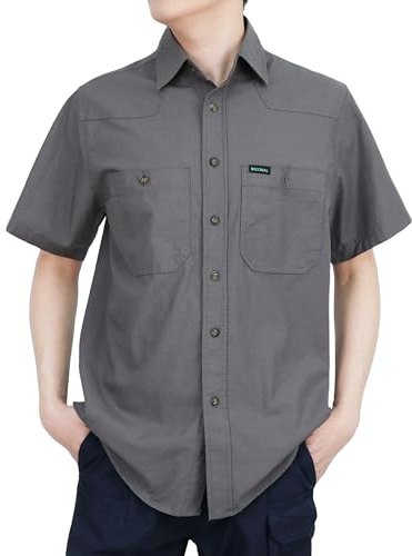 BOCOMAL Men's Short Sleeve Button Down Work Shirts Summer Relaxed Fit - Lightweight 100% C Chambray, EX-Soft, Utility Pockets