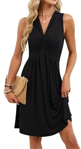 Robe d'Été Femme sans Manches - Mini Robe avec Encolure en V et Devant Noué | Style Fluide, Coupe Amincissante, Idéale pour le Quotidien, le Travail et les Sorties.