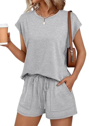NLAND Two Piece Outfits Women Summer Tracksuit Womens Full Set Casual Co Ord Sets Crew Neck Solid Color Sleeveless Top and Shorts with Pockets Drawstring Loungewear Sleepwear Homewear(Light Grey,M)